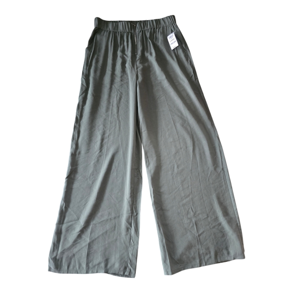 $59 Bar III Wide Leg Pant Women Sz L Green Palazzo Elastic Waistband Pockets New